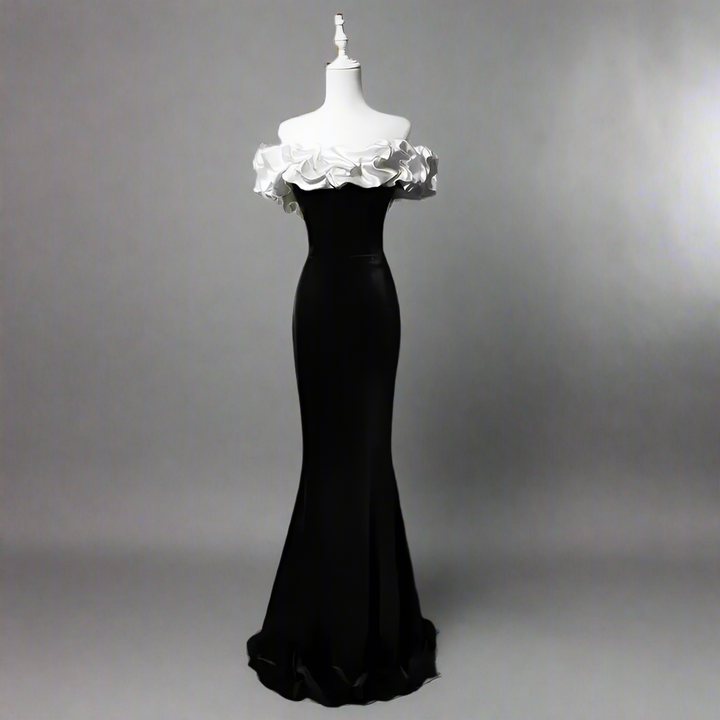 Gothic Black Mermaid Evening Gown - Off the Shoulder Evening Dress with Ruffle Neckline - Black Evening Dresses Plus Size