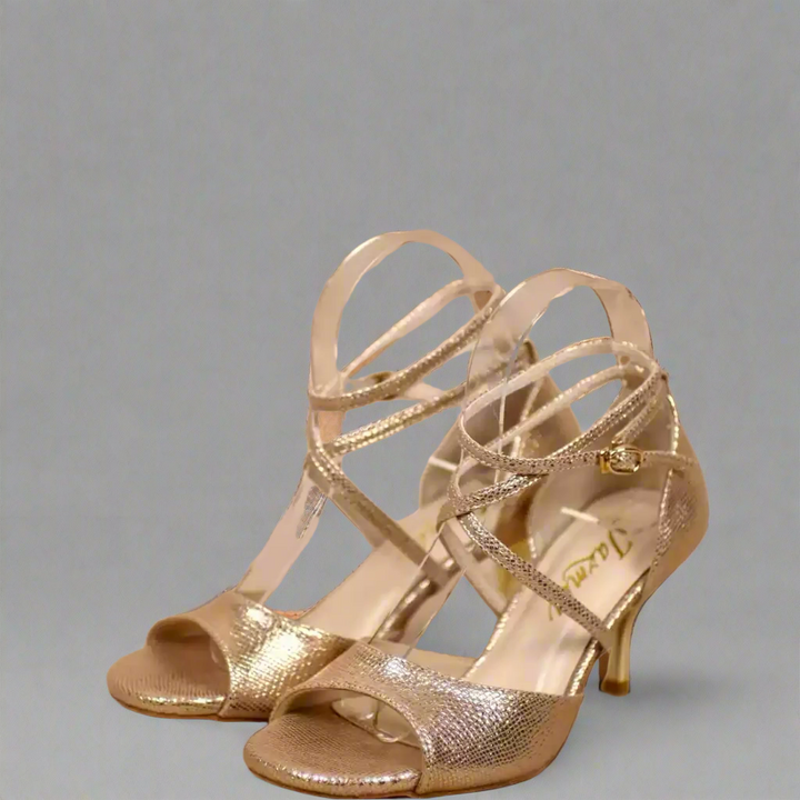Handmade Tango Cowhide Leather Gold Latin Dance Shoes with Cross Straps – Ladies Latin Dance Shoes