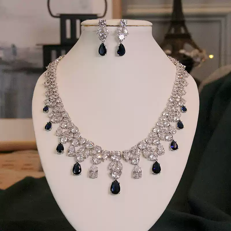Midnight Waltz – Sapphire Crystal Teardrop Necklace & Earrings Set