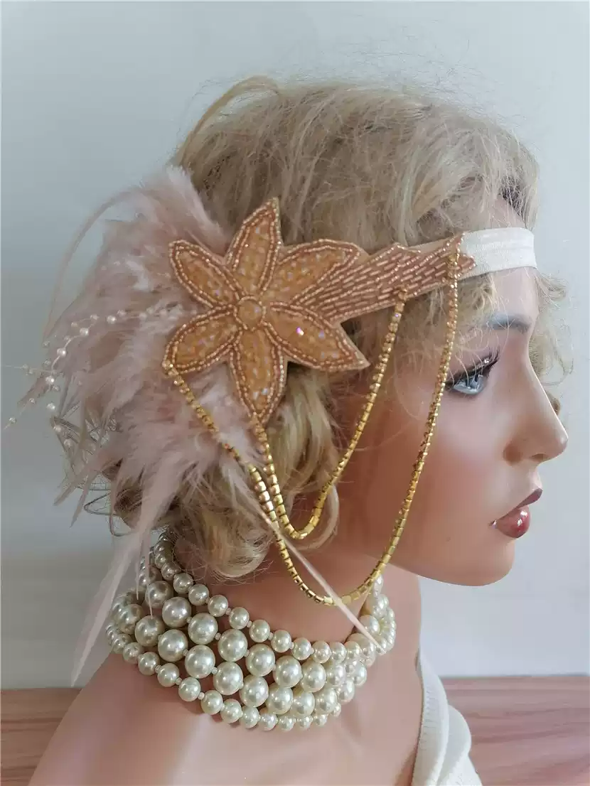 Vintage-Inspired Flapper Headband with Pearl and Feather  display picture 1