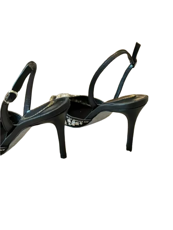 Handmade Black Embellished Slingback Heels – Rhinestone Pointed-Toe Stiletto Sandals for Women