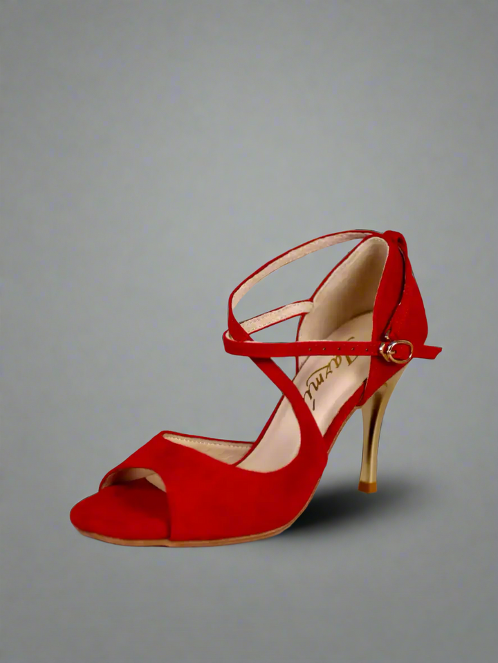 Handmade Tango Cowhide Leather Latin Dance Shoes in Red Suede with Gold High Heels