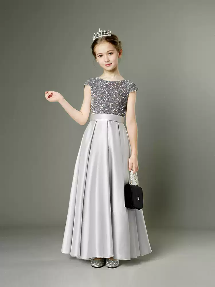 Grey Satin Flower Girl Dress with Glitter Bodice – Special Occasion Flower Girl Dress with Bow Plus Size