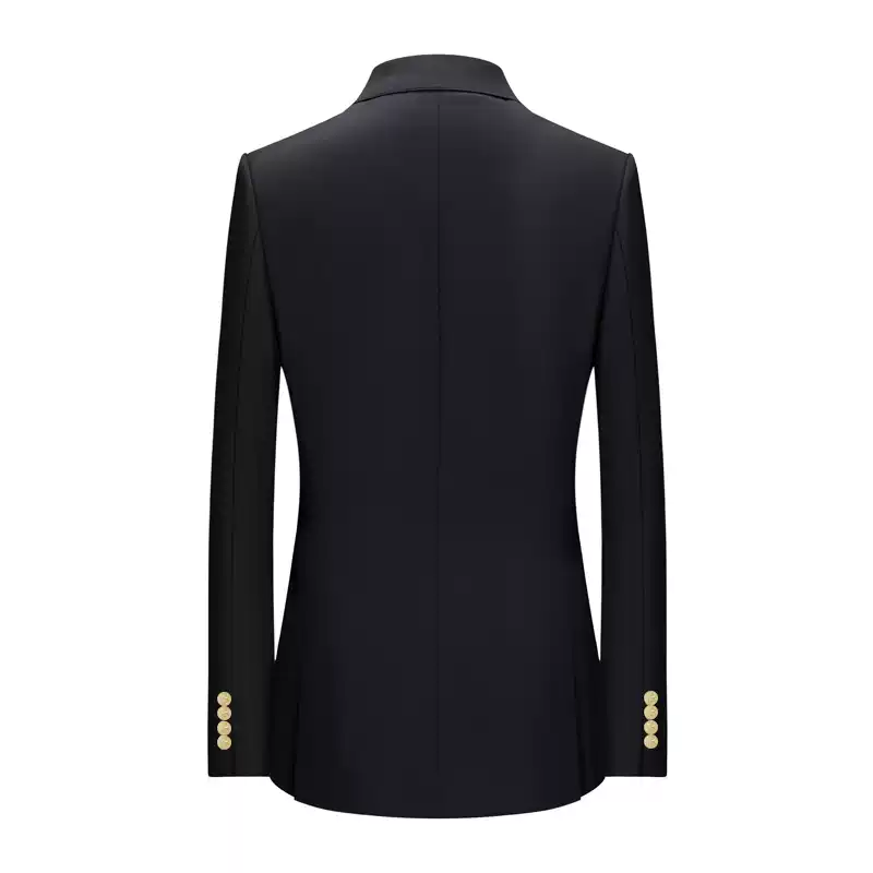 Mens Double Breasted Blazer in Black Wool with Peak Lapel and Gold Buttons Plus Size