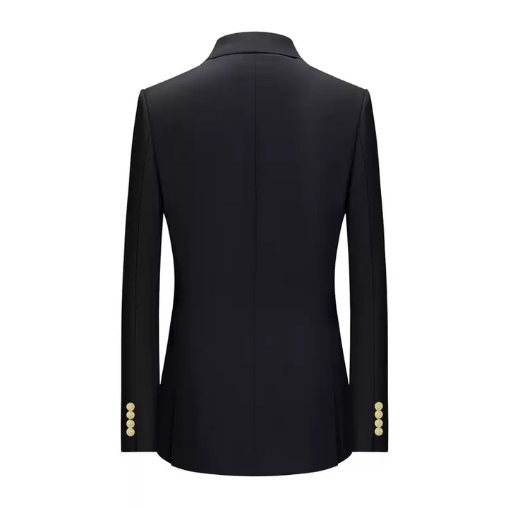 Mens Double Breasted Blazer in Black Wool with Peak Lapel and Gold Buttons Plus Size