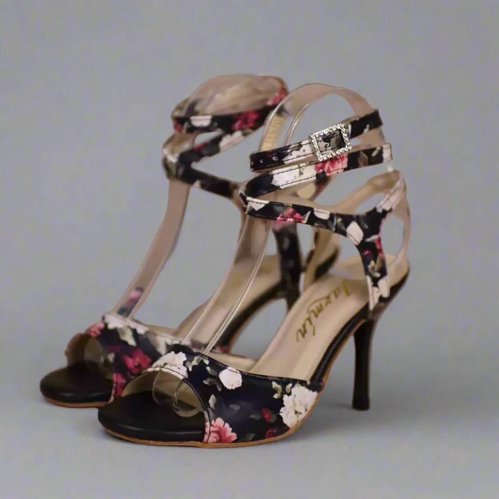 Handmade Tango Cowhide Leather Black Latin Dance Shoes with Floral Leather Upper and Cross Strap Design