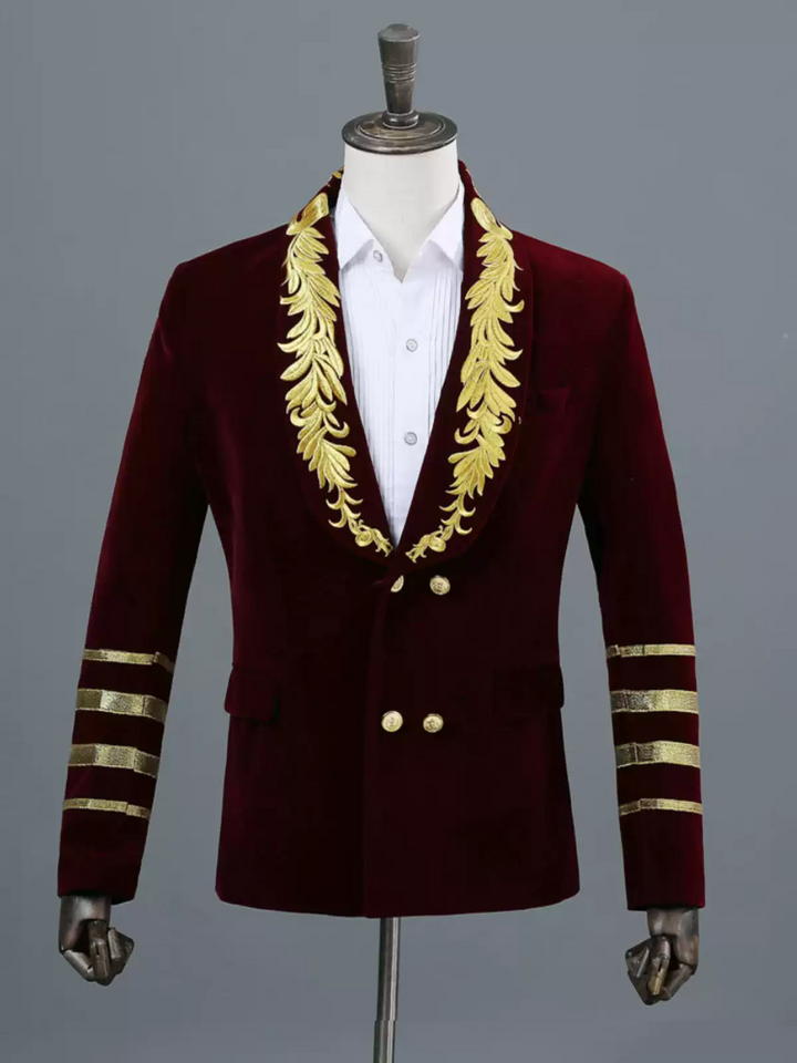 Burgundy Regency Mens Suit - Double Breasted Blazer with Gold Embroidered and Sleeve Stripes Plus Size