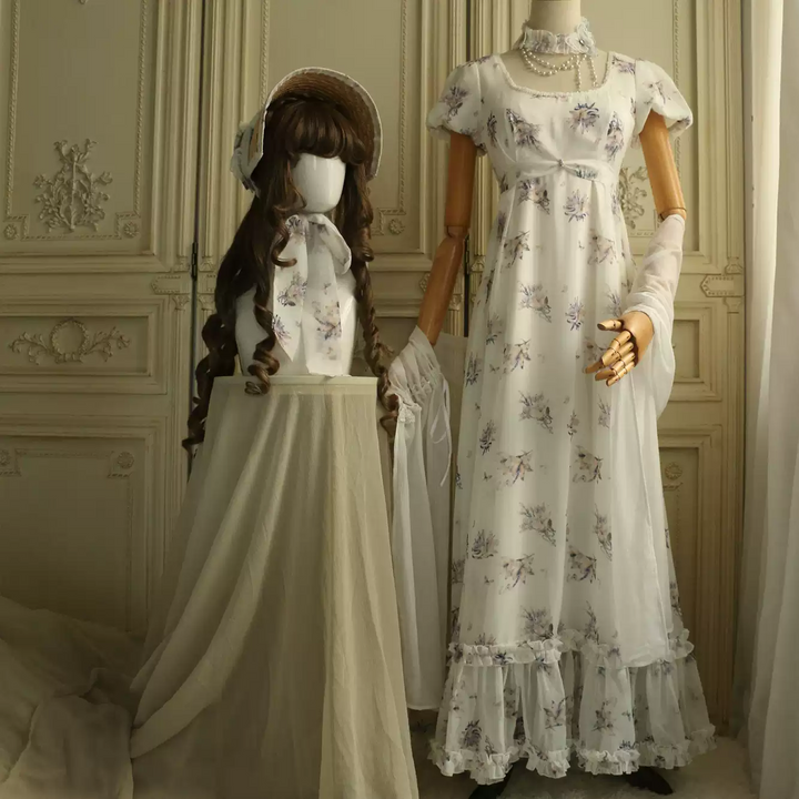 Floral Regency Era Dress in White Chiffon – Empire Waist Regency Gown with Puff Sleeves Plus Size