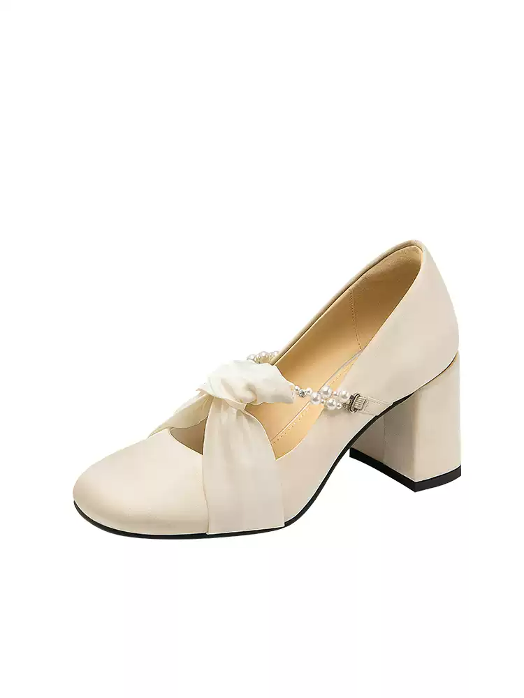 Lolita Champagne Pearl Strap Mary Jane Heels with Round Toe and Block Heel