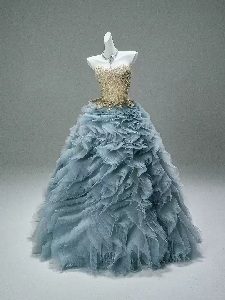 Blue and Gold Evening Dress with Embellished Corset – Layered Tulle Ruffle Dress with Lace-Up Back Plus Size