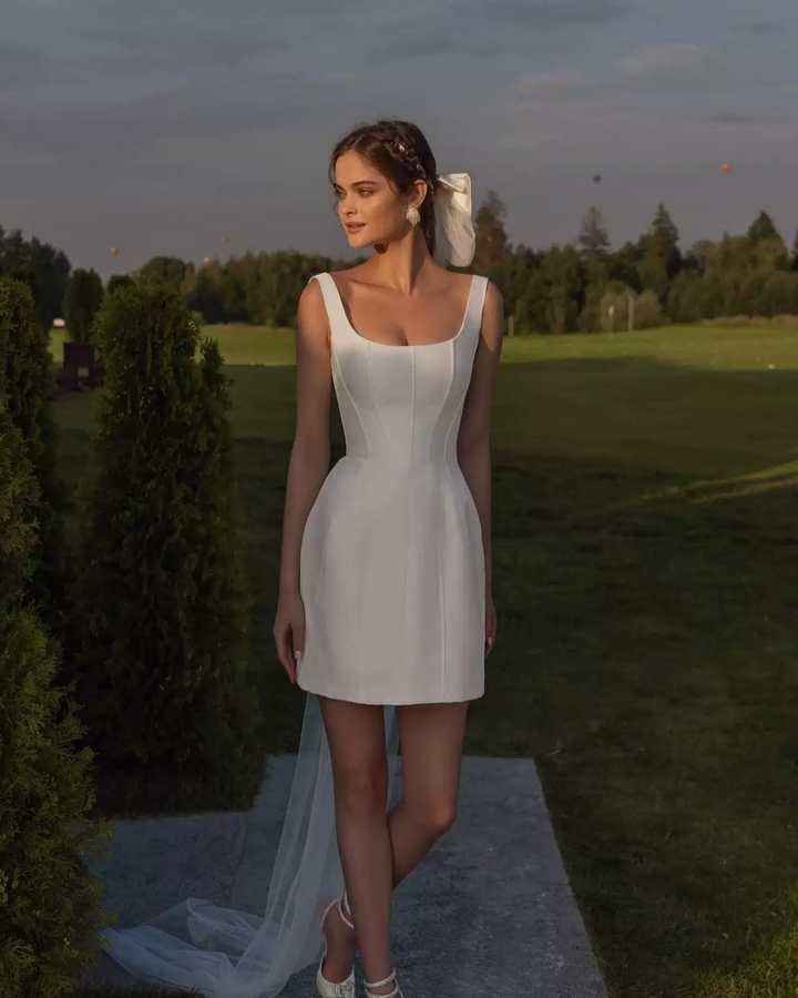 Short Wedding Party Dress with Square Neckline - Simple Elegant Satin Wedding Dress - Sleeveless Wedding Dress Plus Size