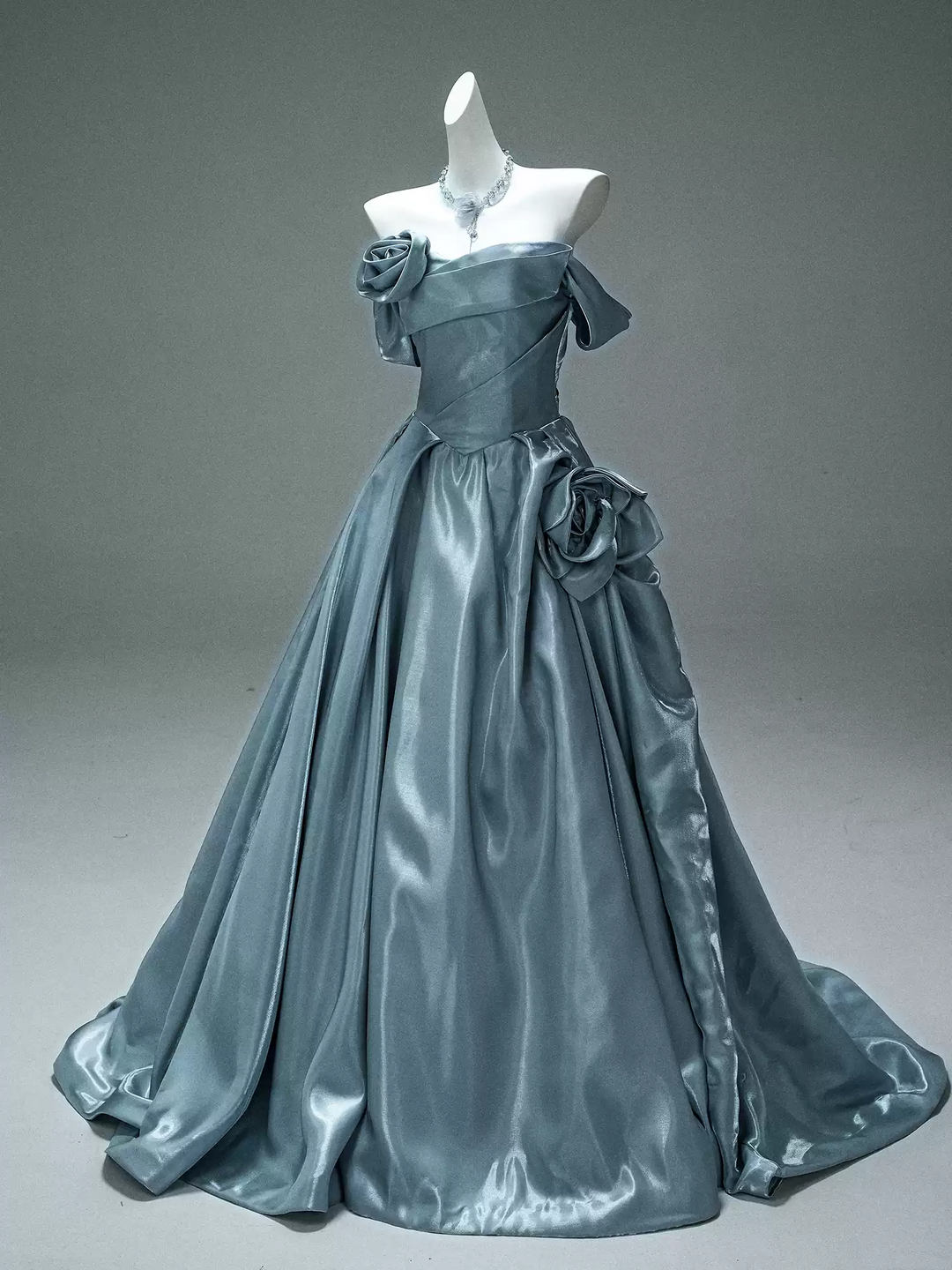 Blue Evening Gown with Off Shoulder Floral Design – Off the Shoulder Ball Gown Dress with Draped Satin Skirt Plus Size