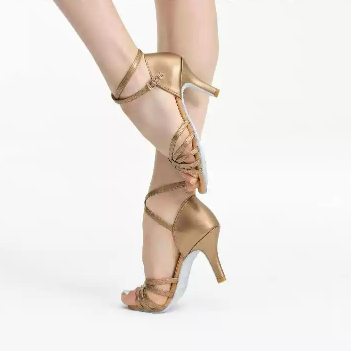 Golden Rhythm – Handmade Satin Low Heel Salsa Dance Shoes