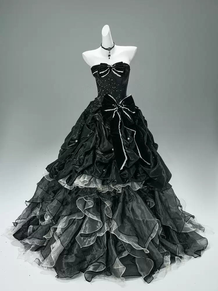 Black Gothic Ball Gown with Velvet Bows Strapless Layered Tulle Ruffle Dress Plus Size Size 22W / Black Black Gothic Ball Gown with Velvet Bows Strapless Layered Tulle Ruffle Dress Plus Size Size 22W / Black