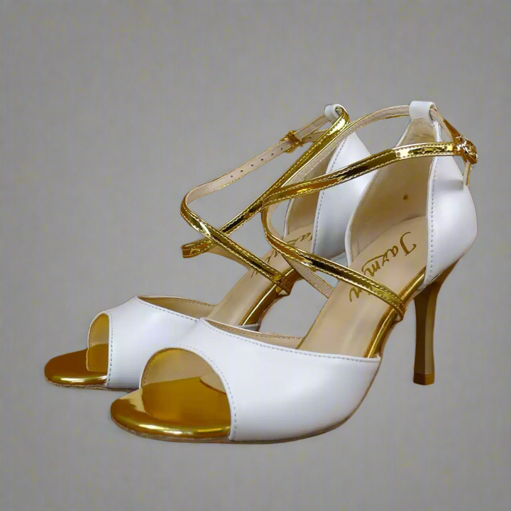 Handmade Tango Cowhide Leather Gold Latin Dance Shoes with White Leather Upper – Latin Dancing Shoes for Women