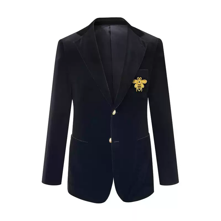 Black Wool Blazer with Gold Button and Badge Detail – Gray Wool Blazer for Men Plus Size