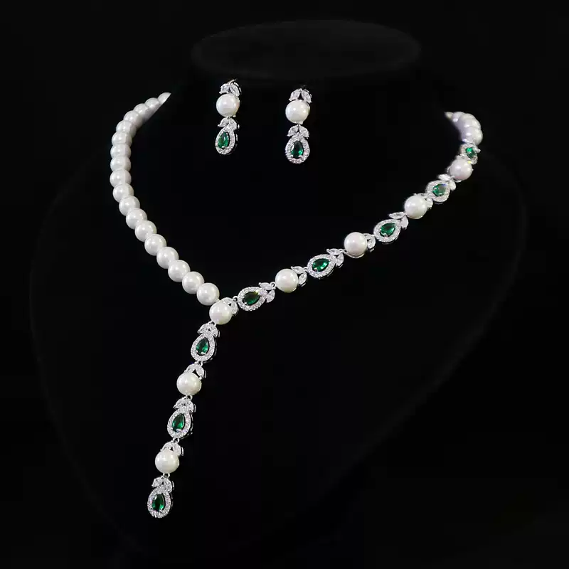 Pearl and Green Zircon Jewelry Set - Teardrop Pearl Necklace and Earring Set
