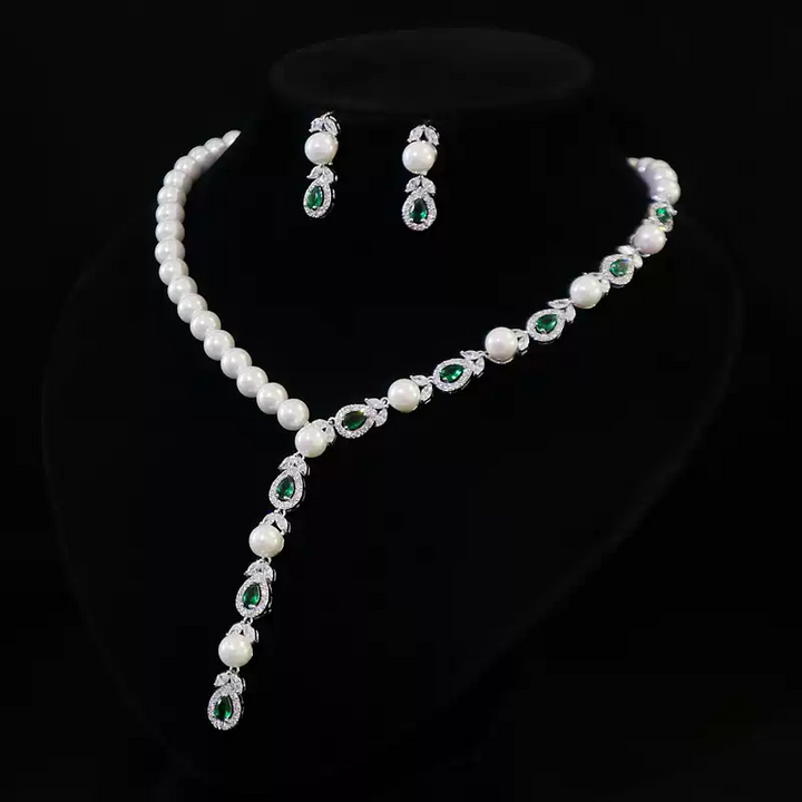 Pearl and Green Zircon Jewelry Set - Teardrop Pearl Necklace and Earring Set