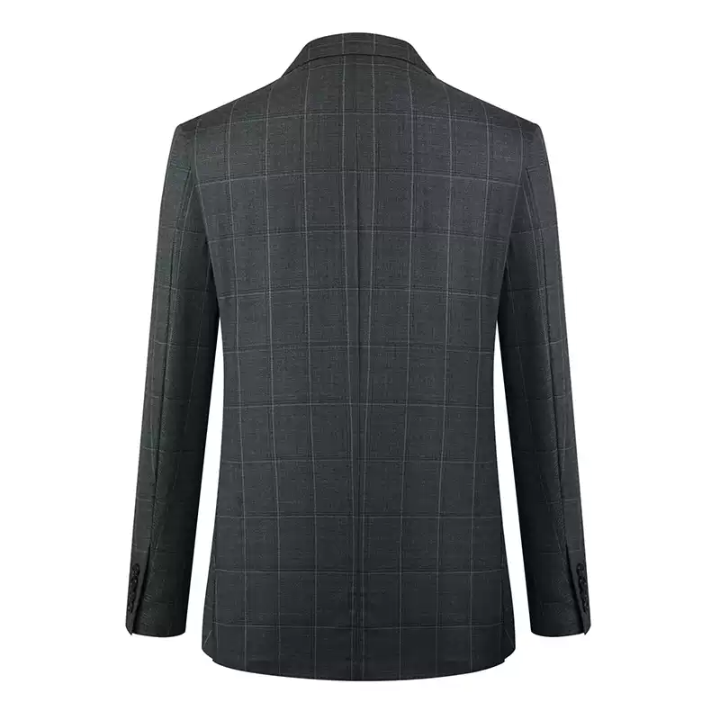 Grey Plaid Suit Blazer with Peak Lapel and Flap Pockets for Men Plus Size