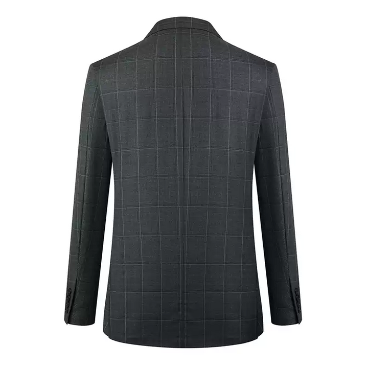 Grey Plaid Suit Blazer with Peak Lapel and Flap Pockets for Men Plus Size