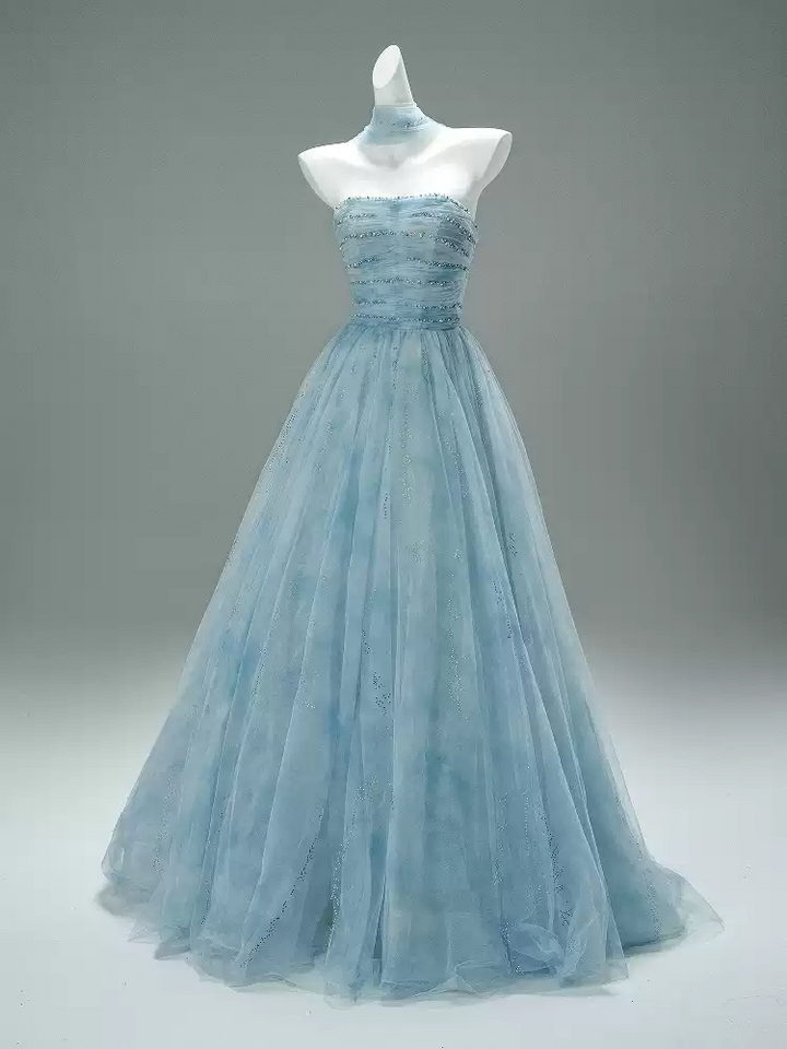 Light Blue Strapless Evening Dress with Beading – Corset Evening Dress with Lace-Up Back Plus Size