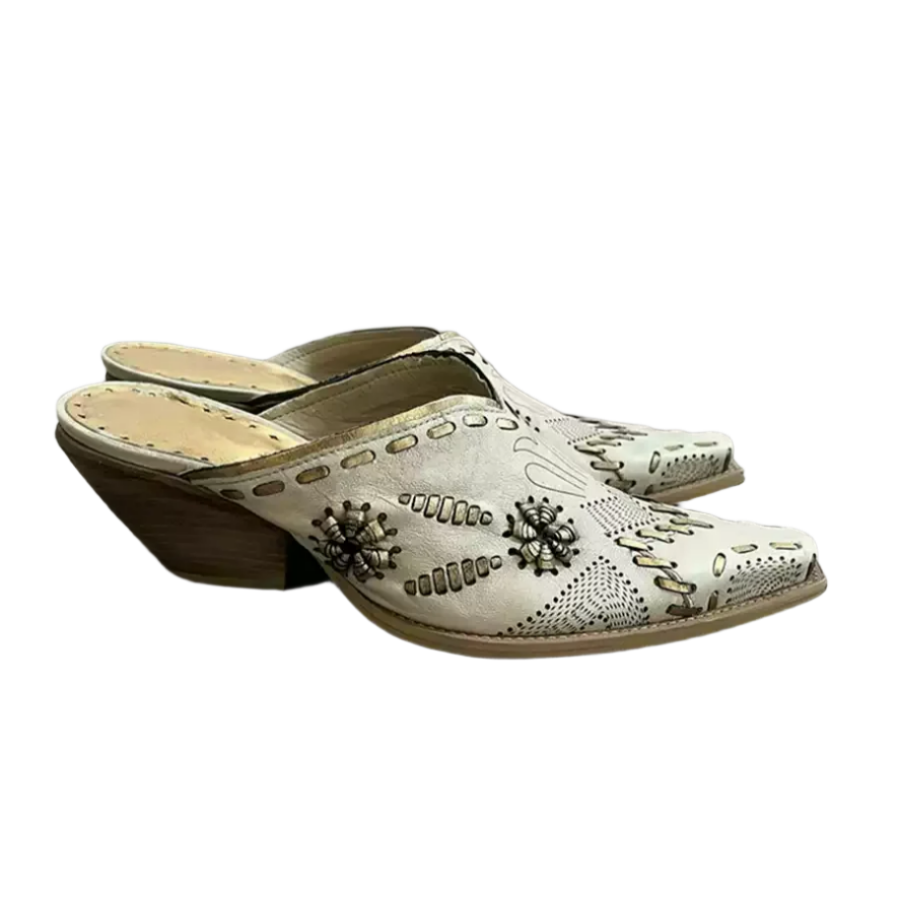 Vintgae-Inspired White Embroidered Cowgirl Mules – Western Pointed-Toe High Heel Slip-On Shoes