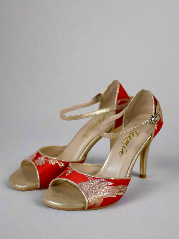 Handmade Tango Cowhide Leather Red Satin Samba Shoes with Gold Heel – Latin Dancing Shoes for Women