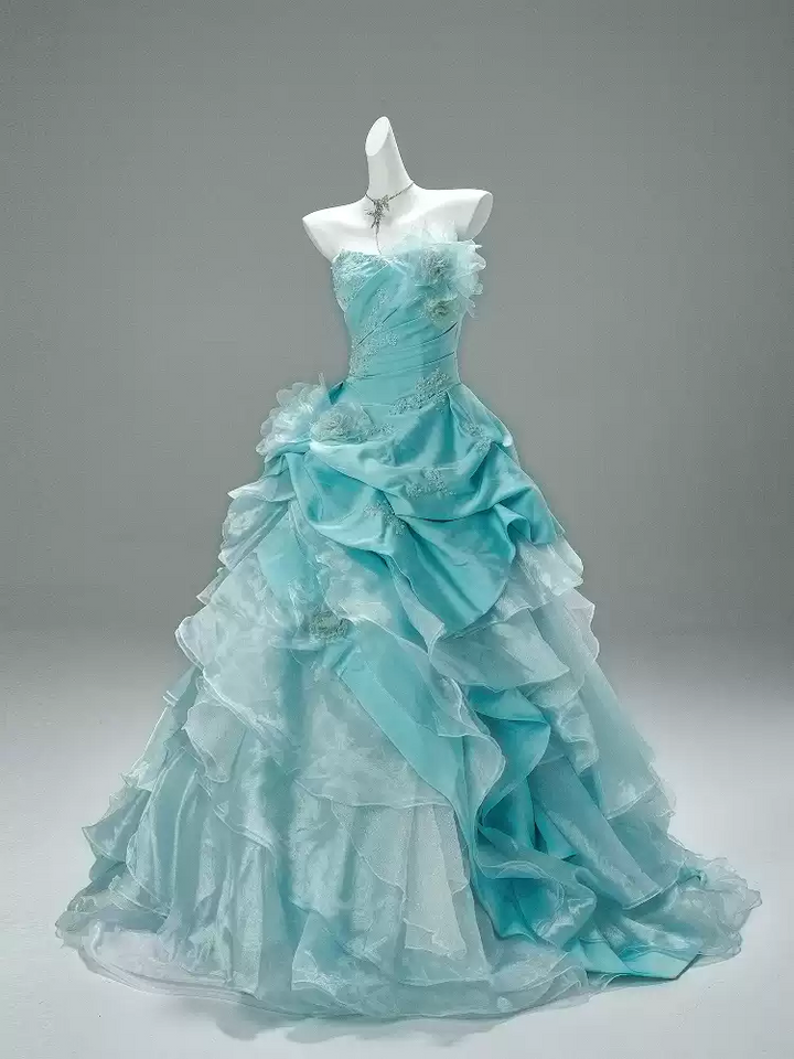 Blue Ball Gown with Floral Appliqué – Strapless Layered Tulle Ruffle Dress with Lace-Up Back Plus Size
