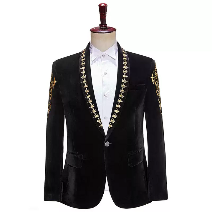 Black Baroque Mens Blazer – Velvet Suit Jacket with Gold Embroidered Lapel and Shoulder Detail Plus Size