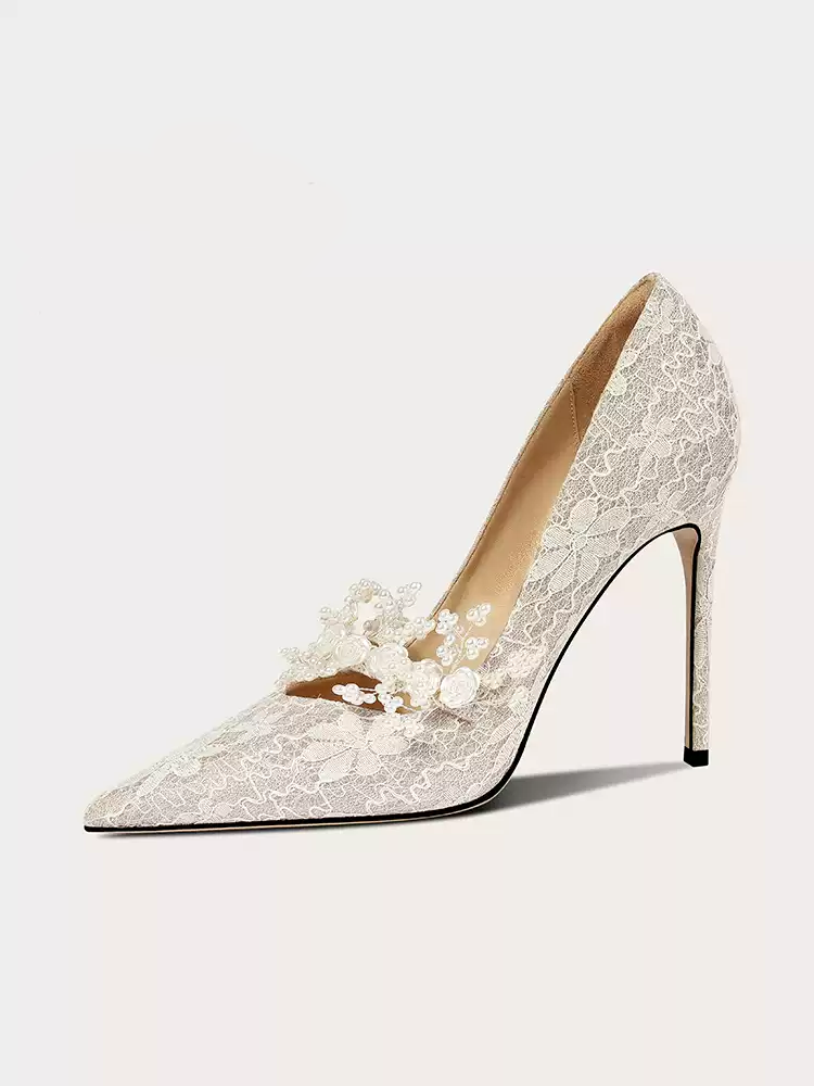 Vintage-Inspired Green Lace Bridal Shoes with Pearl Embellishments - High Heels