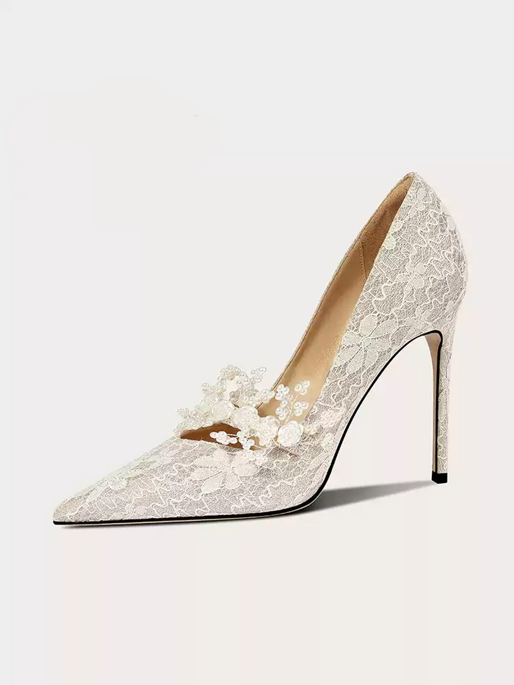 Vintage-Inspired Green Lace Bridal Shoes with Pearl Embellishments - High Heels