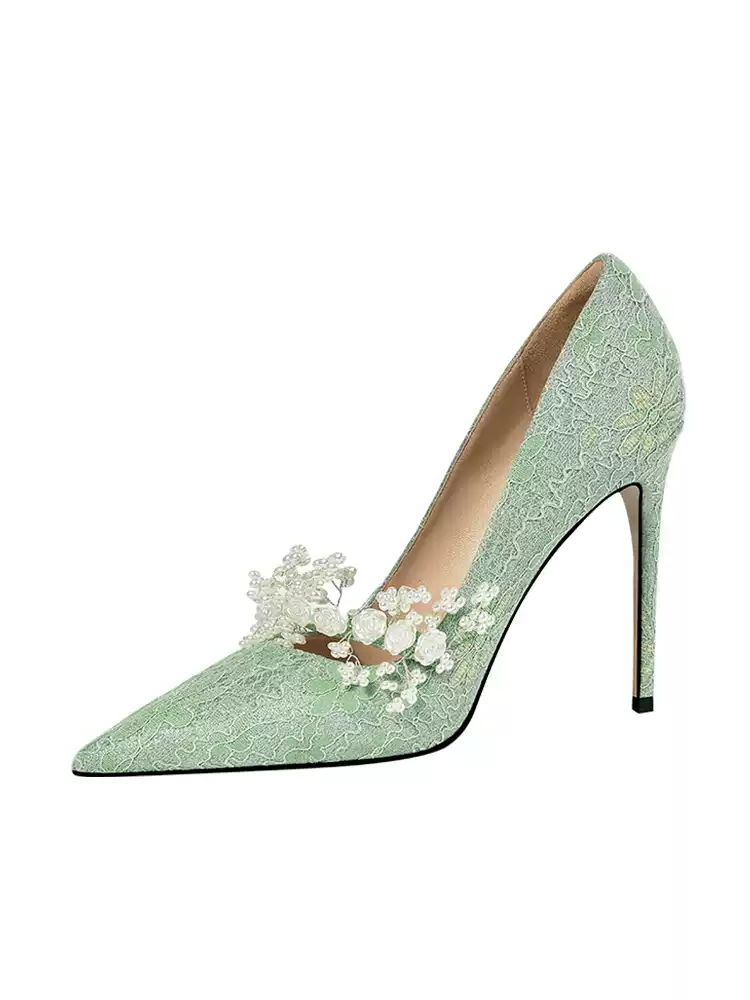 Bridal White Lace Block Heel Wedding Shoes Vintage Style High Heels