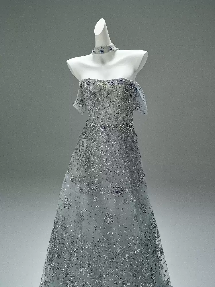Silver Sequin Evening Gown with Corset Back – Sparkly Maxi Dress with Crystal Embellishments and Matching Choker Plus Size