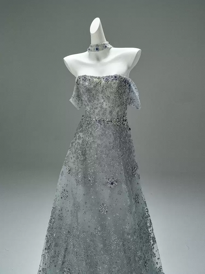 Silver Sequin Evening Gown with Corset Back – Sparkly Maxi Dress with Crystal Embellishments and Matching Choker Plus Size