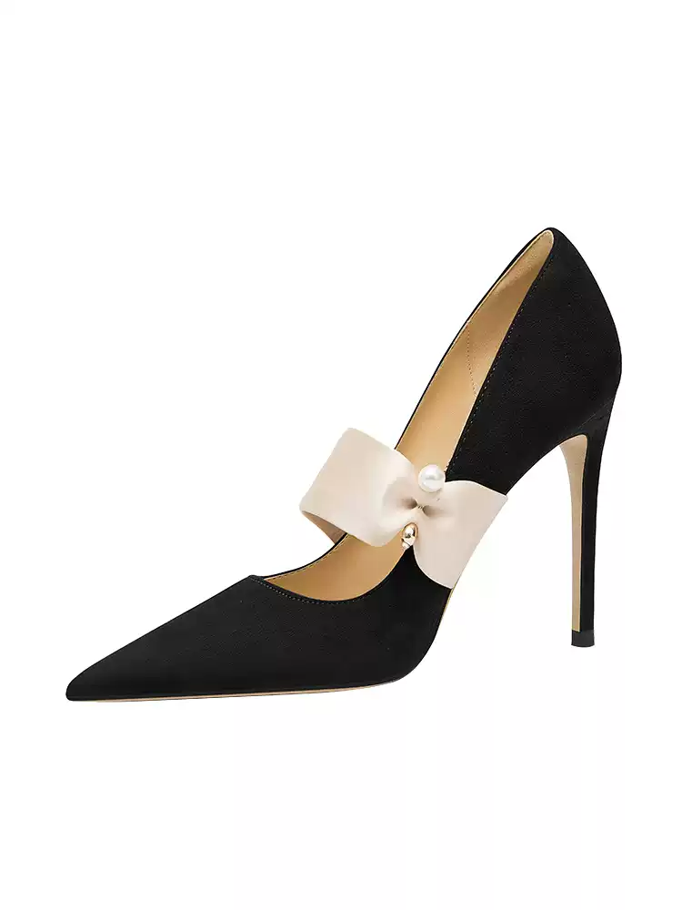 Women\'s Black Leather Dress Shoes with Pearl Accents T-Strap Black Heels with Pearls and Ankle Straps, Lisbeth main image 4
