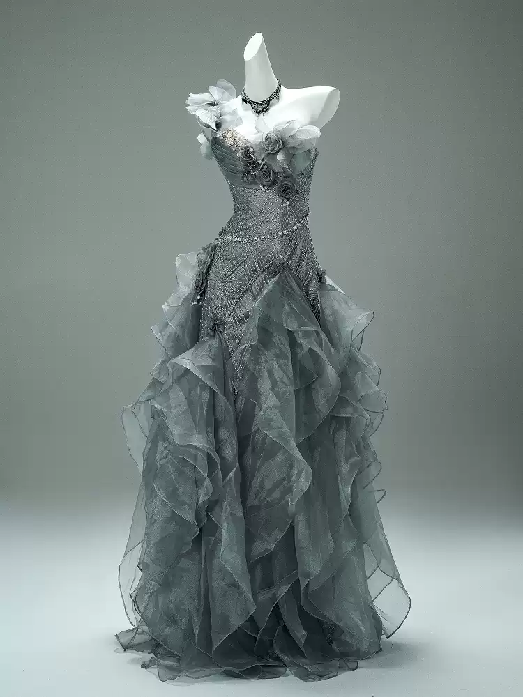 Gray Layered Tulle Ruffle Dress with Floral Appliqué – One Shoulder Evening Dress with Lace-Up Back Plus Size