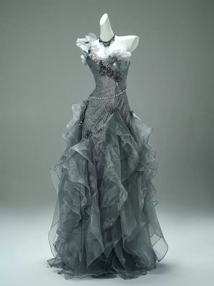 Gray Layered Tulle Ruffle Dress with Floral Appliqué – One Shoulder Evening Dress with Lace-Up Back Plus Size