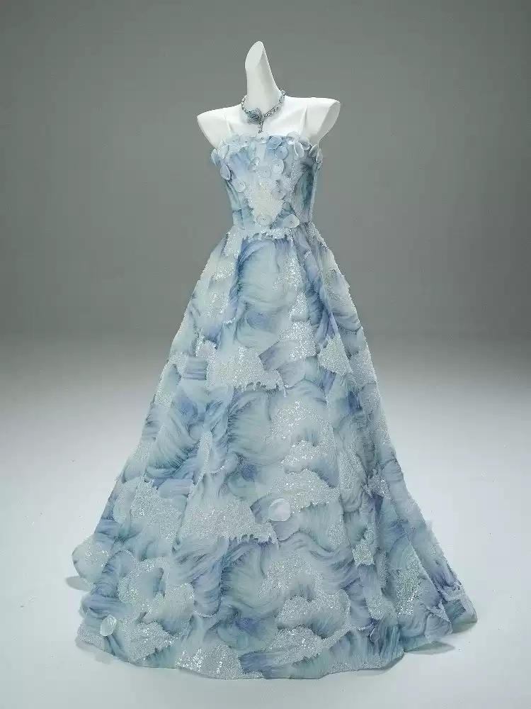 Light Blue Evening Dress with Floral Embellishments and Strapless Fl WonderlandByLilian Light Blue Evening Dress with Floral Embellishments and Strapless Fl WonderlandByLilian