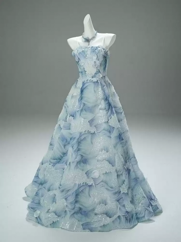 Light Blue Evening Dress with Floral Embellishments and Strapless – Floral Evening Dress with Lace-Up Back Plus Size