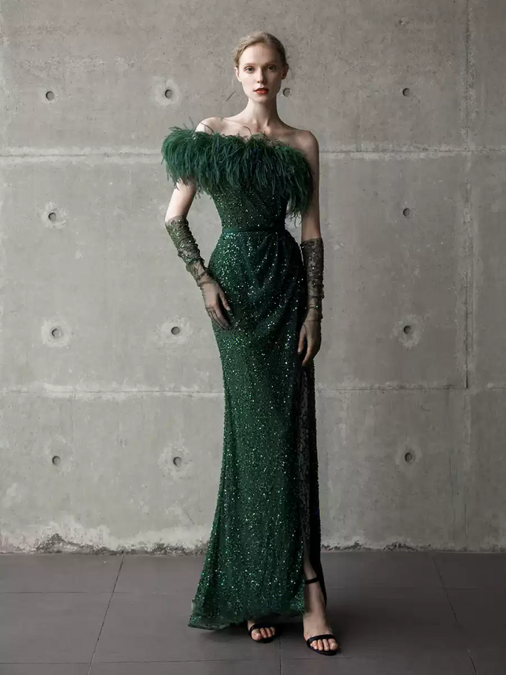 Green Off-the-Shoulder Sequin Evening Gown – Sequin and Feather Dress with High Slit Plus Size