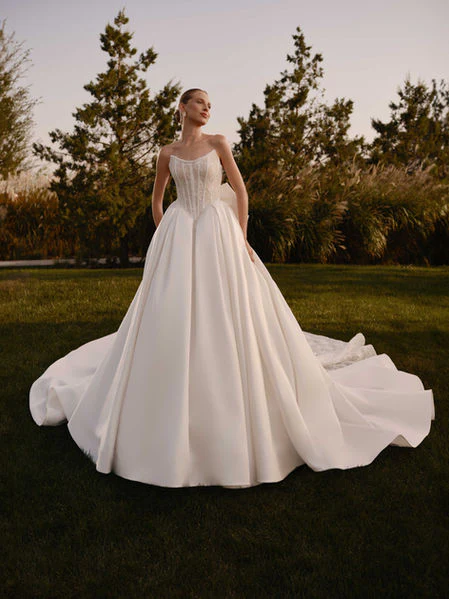 Strapless Wedding Gown with Bow and Lace – Embroidered Dresses for Wedding - A-Lin Wedding Dress Plus Size - Selena