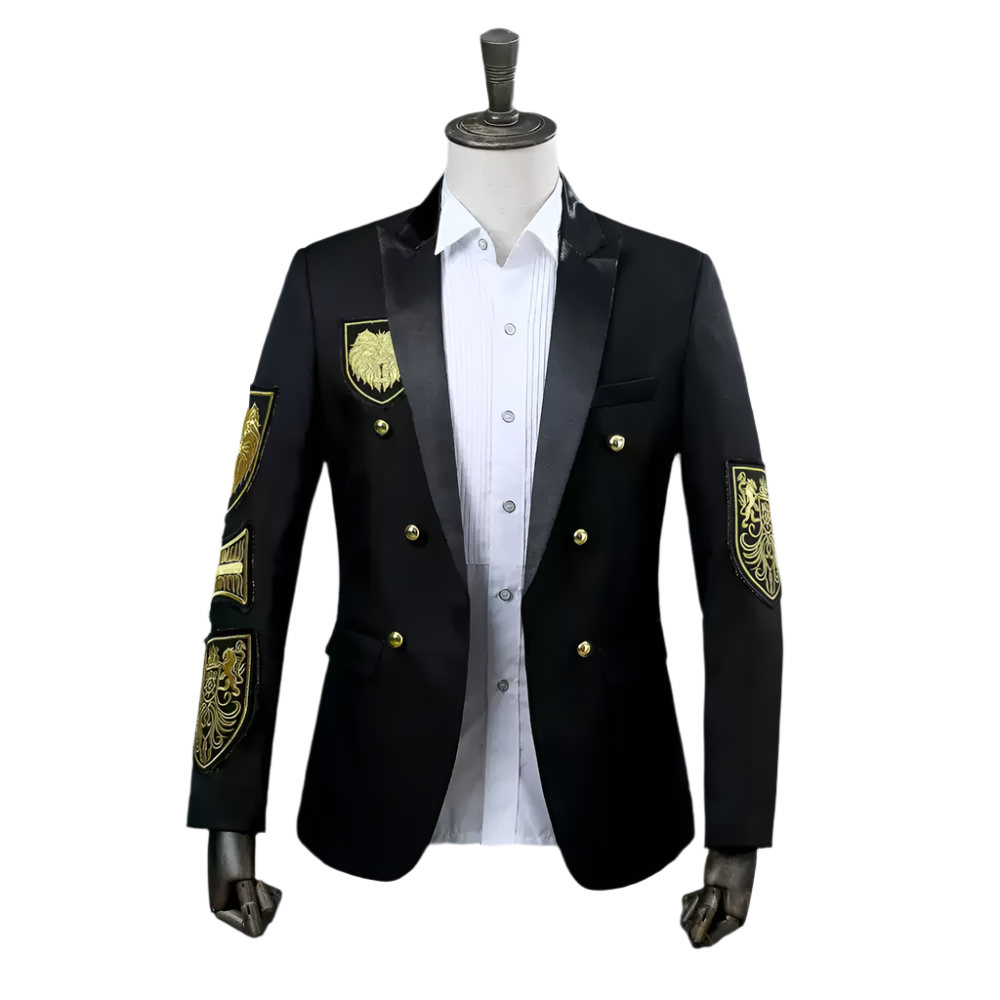Black Military Style Mens Blazer – Double Breasted Suit Jacket with Gold Crest Embroidery Plus Size