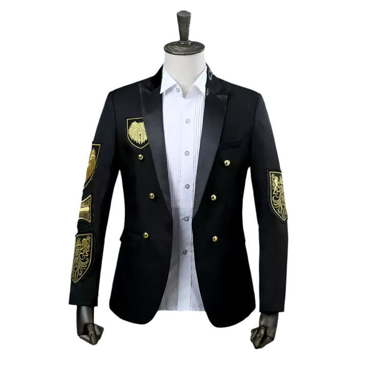 Black Military Style Mens Blazer – Double Breasted Suit Jacket with Gold Crest Embroidery Plus Size