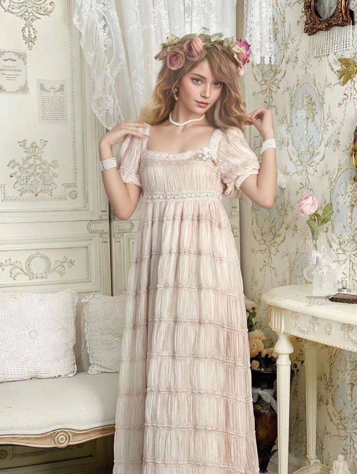 Romantic Regency Era Sandy Beige Lace Dress - Empire Waist Ball Gown Plus Size