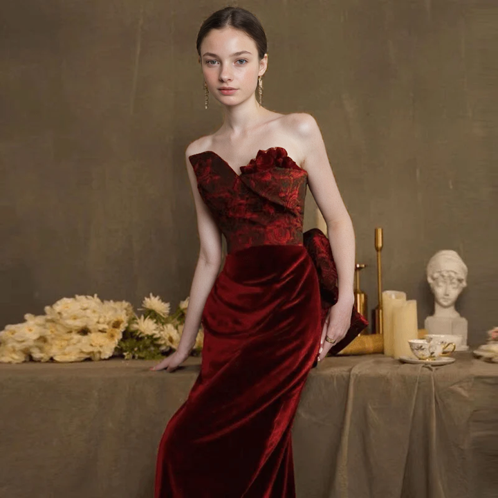 Gothic Burgundy Red Velvet Mermaid Formal Dress -Ball Gown Plus Size