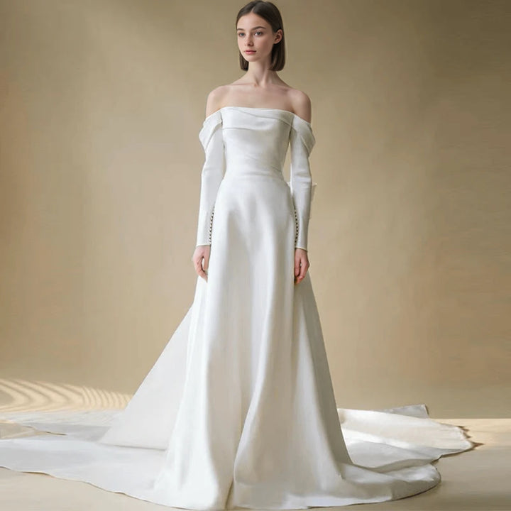 Boho Style Off Shoulder Satin Backless Wedding Dress With Long Sleeves -Simple Bridal Dress  Plus Size