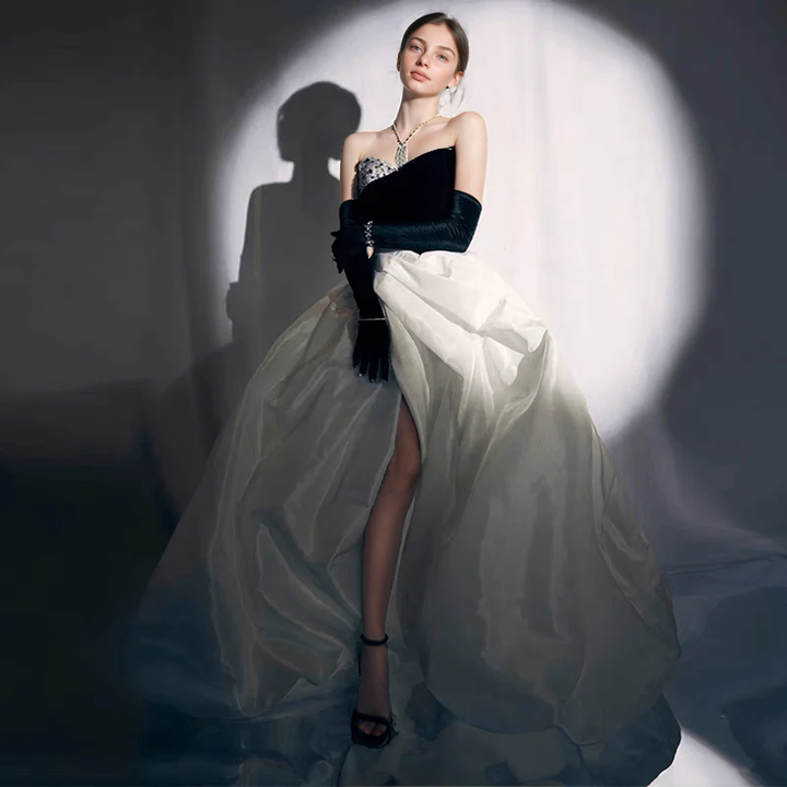 Gothic Black And White Off Shoulder Embellished Formal Dress - Evening Gown With Gloves Plus Size
