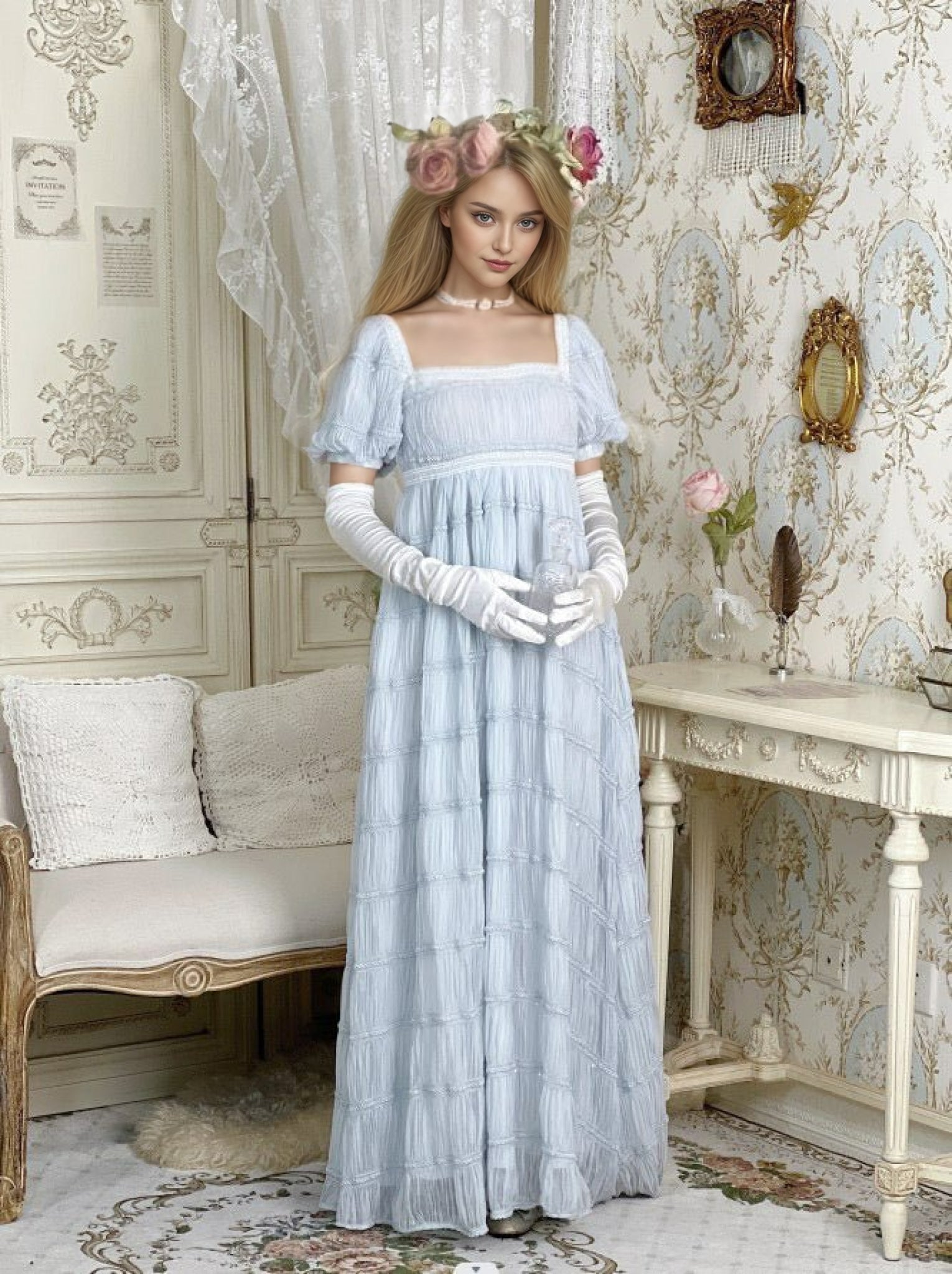 women's empire waist dress Taylor Twist Sweetheart a flowy skirt and ruffle sleeves Blue Empire Style Evening Dresses