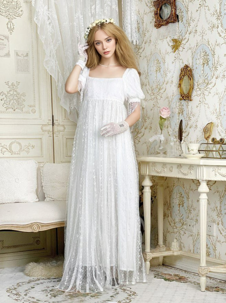 Romantic Regency Era White Lace Wedding Dress - Empire Waist Ball Gown Plus Size