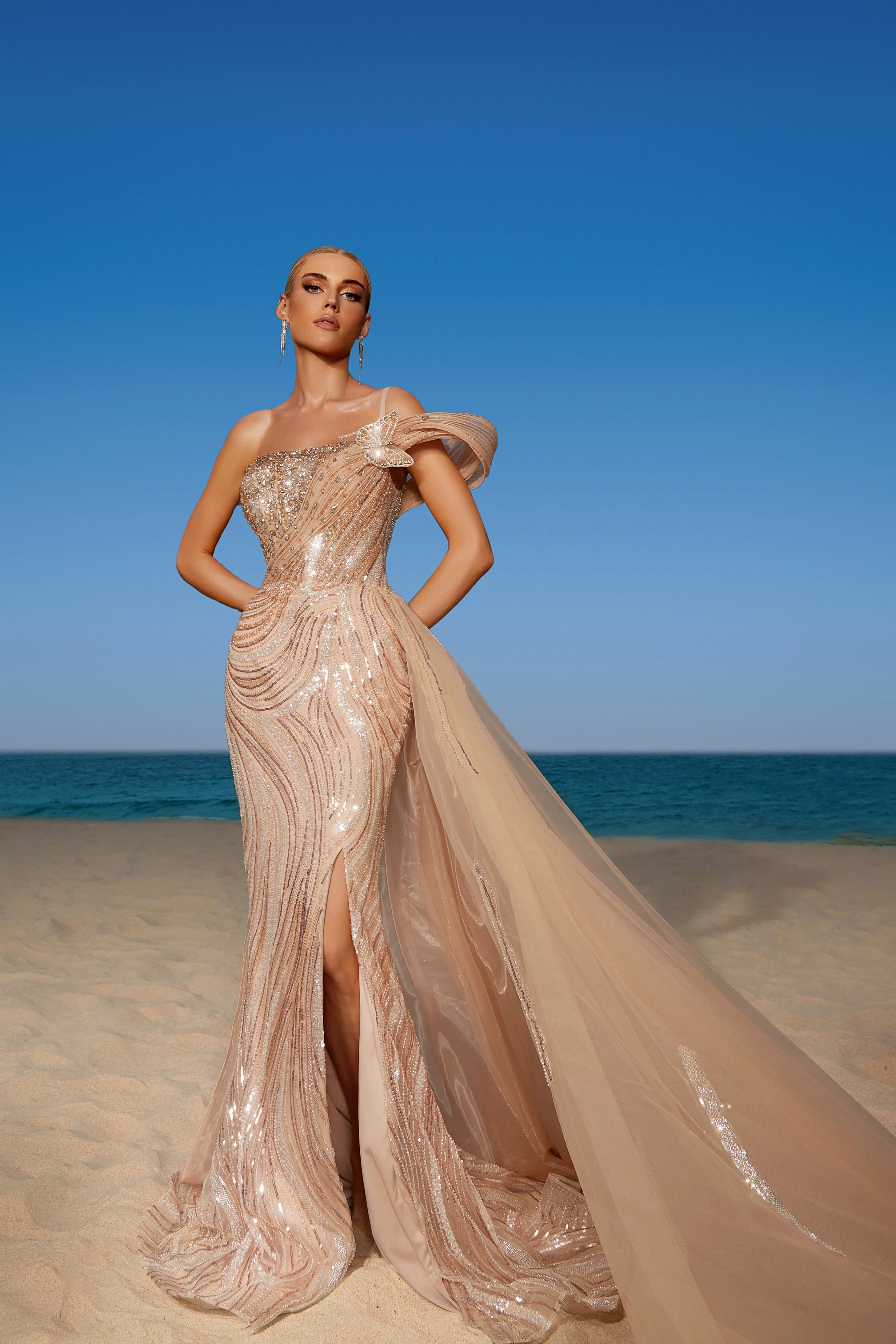 champagne sequin maxi dress Champagne Sequin Evening Gown with One-Shoulder Design - Sparkly Maxi Dress with Flowing Train